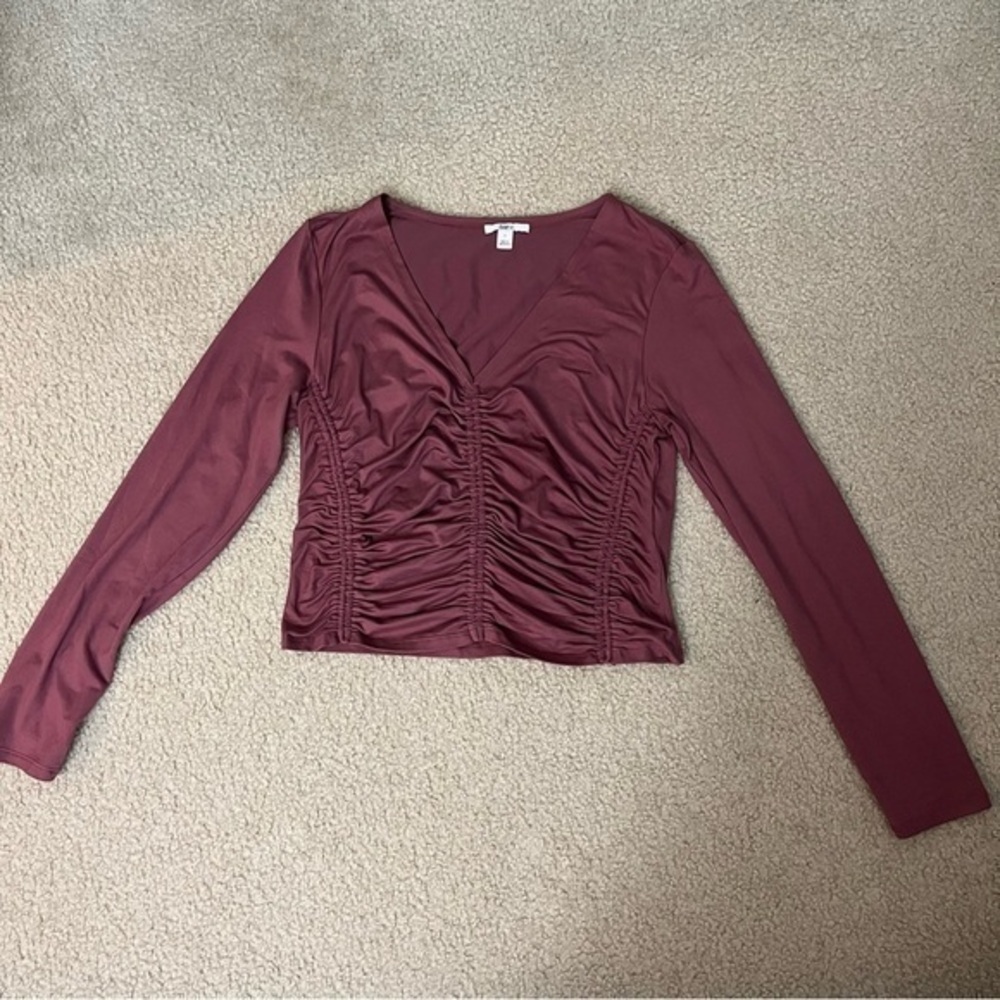 Bar III Pink Ruched V-Neck Long Sleeve Top